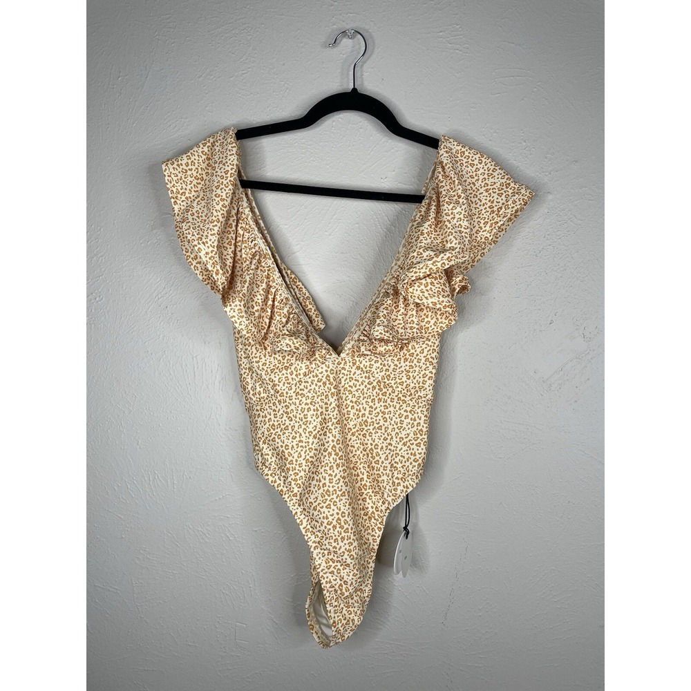 Tularosa Giamina Cheetah Leopard Print One Piece Swim Size M Ruffle High Cut NWT